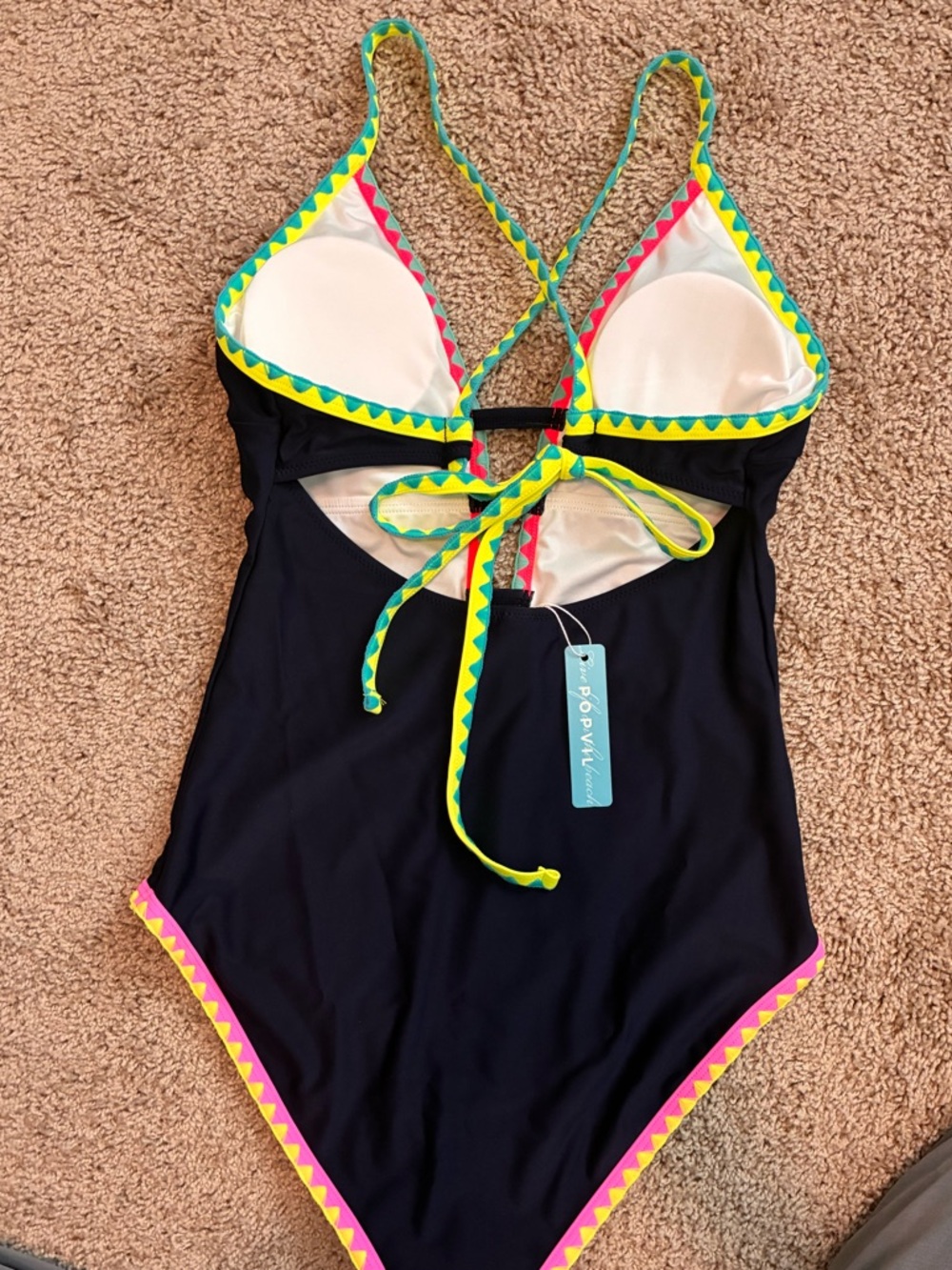 NWT 🆕 Women’s one-piece bathing suit POPVIL navy neon Deep v-neck Size Small - Picture 3 of 10